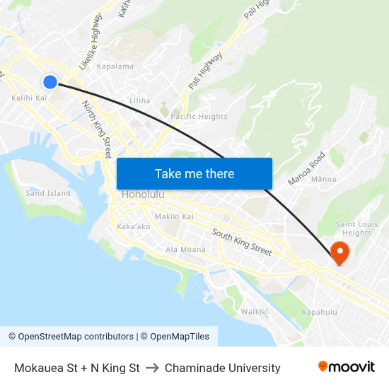 Mokauea St + N King St to Chaminade University map