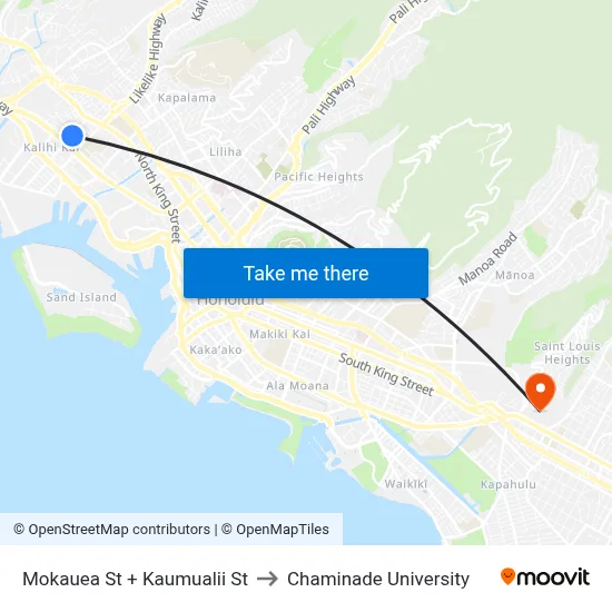 Mokauea St + Kaumualii St to Chaminade University map