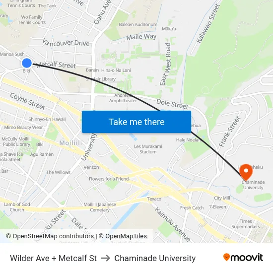 Wilder Ave + Metcalf St to Chaminade University map