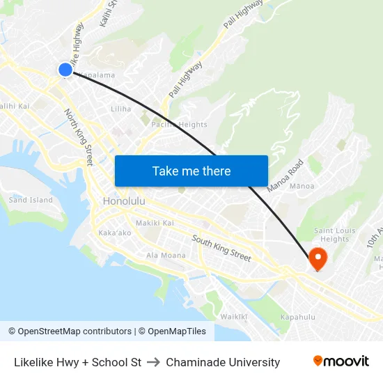 Likelike Hwy + School St to Chaminade University map