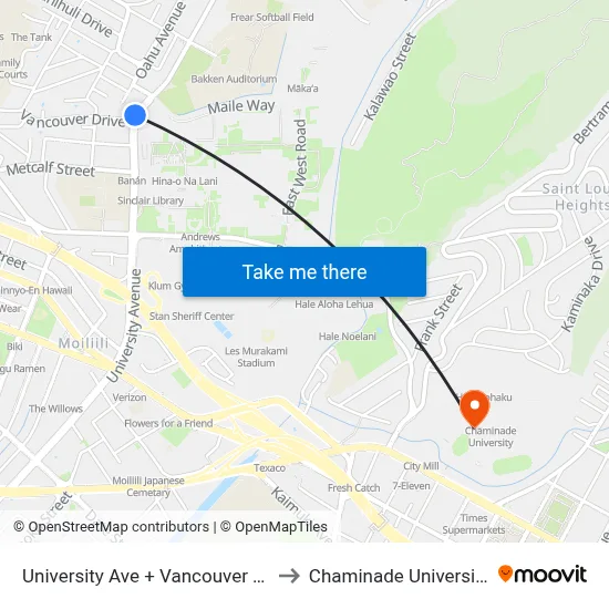 University Ave + Vancouver Dr to Chaminade University map