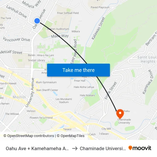 Oahu Ave + Kamehameha Ave to Chaminade University map