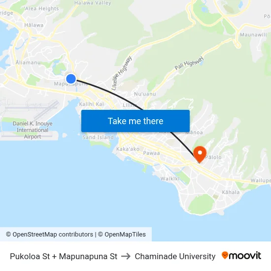Pukoloa St + Mapunapuna St to Chaminade University map