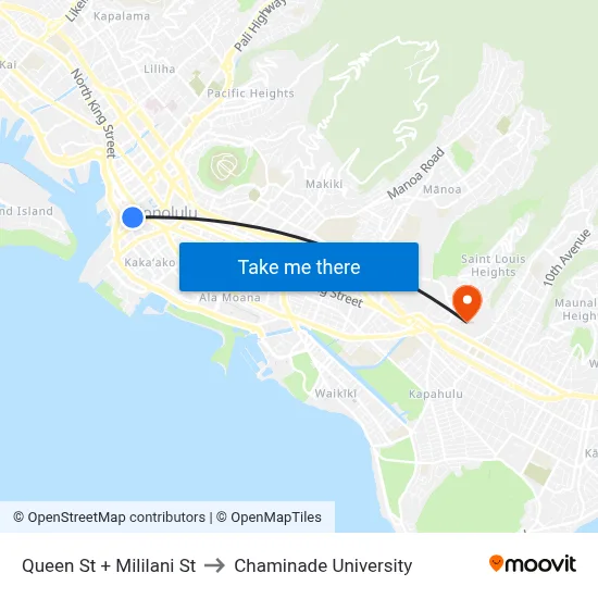 Queen St + Mililani St to Chaminade University map