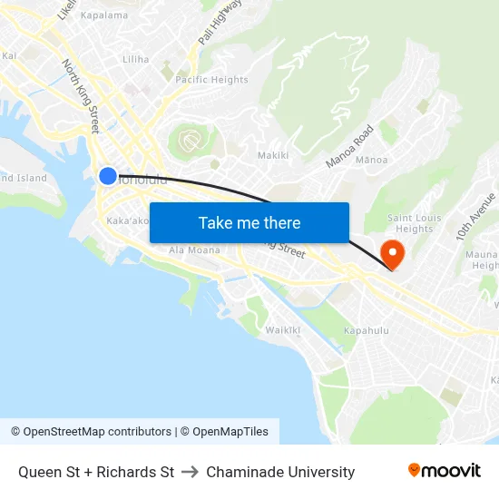 Queen St + Richards St to Chaminade University map