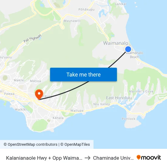 Kalanianaole Hwy + Opp Waimanalo Bay to Chaminade University map