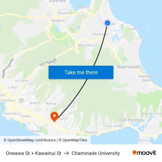 Oneawa St + Kawainui St to Chaminade University map