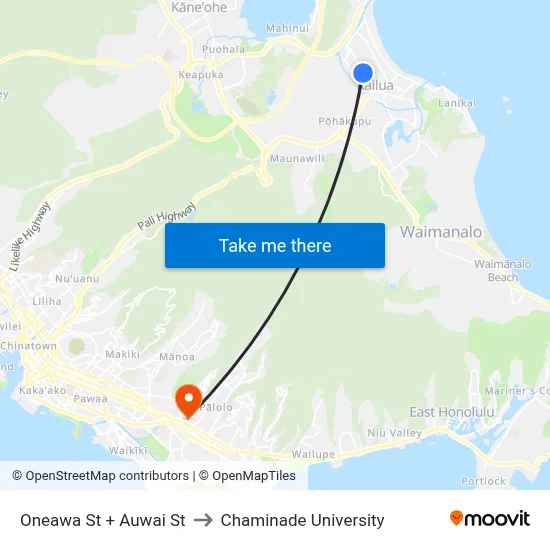 Oneawa St + Auwai St to Chaminade University map