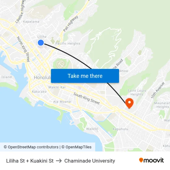 Liliha St + Kuakini St to Chaminade University map