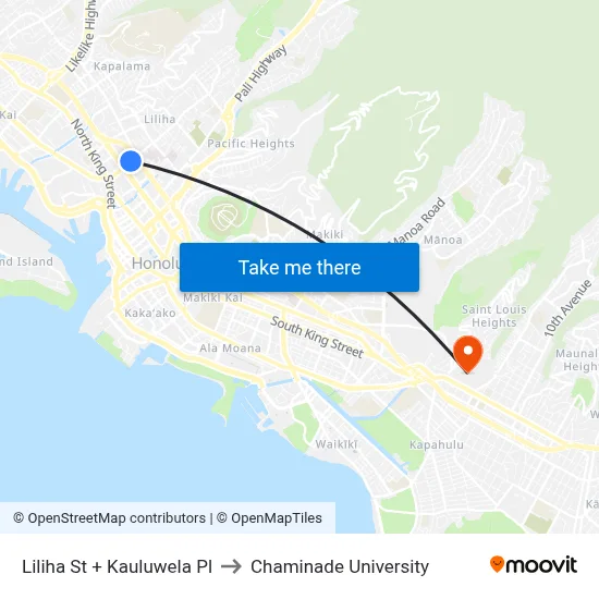 Liliha St + Kauluwela Pl to Chaminade University map