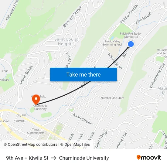 9th Ave + Kiwila St to Chaminade University map