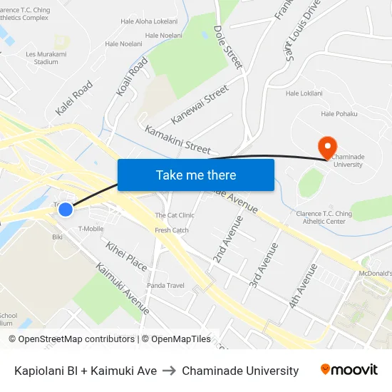 Kapiolani Bl + Kaimuki Ave to Chaminade University map