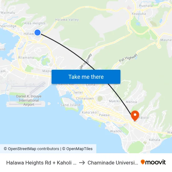 Halawa Heights Rd + Kaholi Pl to Chaminade University map