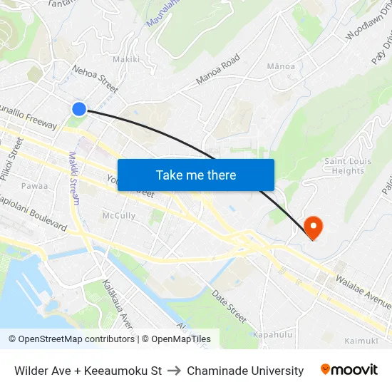 Wilder Ave + Keeaumoku St to Chaminade University map