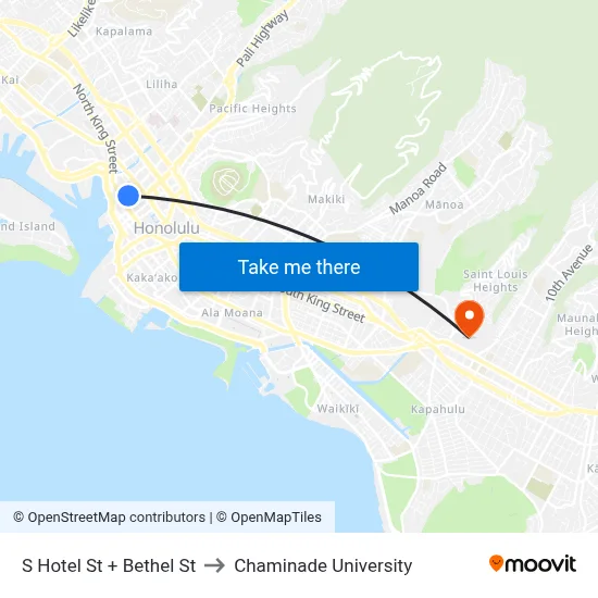 S Hotel St + Bethel St to Chaminade University map
