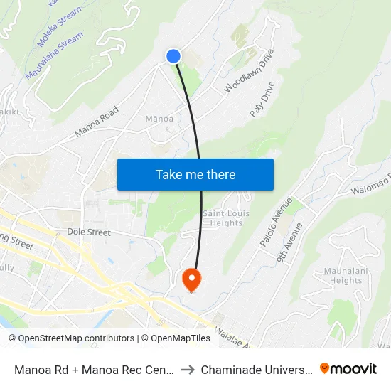 Manoa Rd + Manoa Rec Center to Chaminade University map