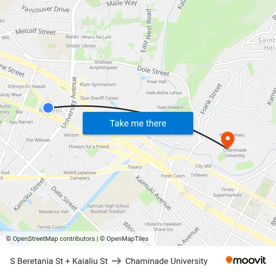 S Beretania St + Kaialiu St to Chaminade University map