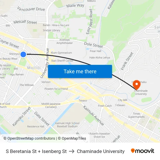 S Beretania St + Isenberg St to Chaminade University map