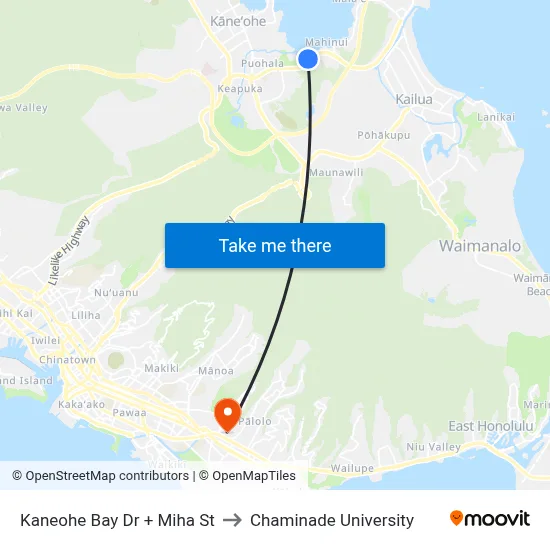 Kaneohe Bay Dr + Miha St to Chaminade University map