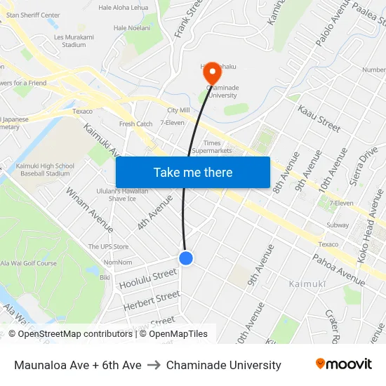 Maunaloa Ave + 6th Ave to Chaminade University map