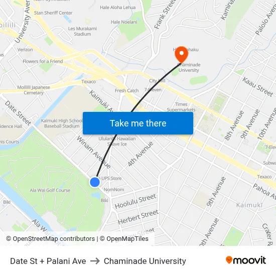 Date St + Palani Ave to Chaminade University map