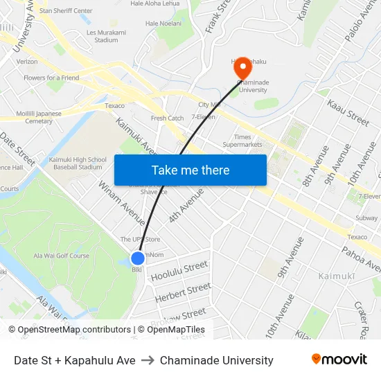 Date St + Kapahulu Ave to Chaminade University map