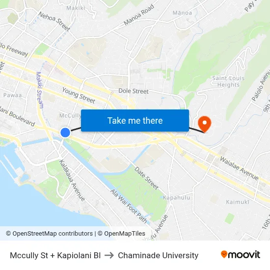 Mccully St + Kapiolani Bl to Chaminade University map