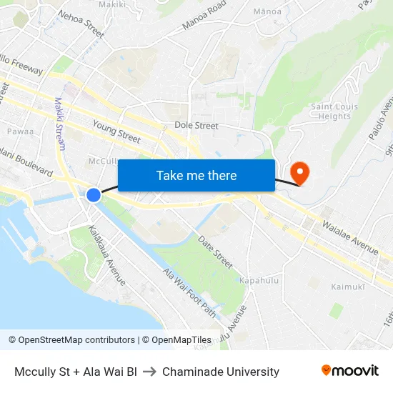 Mccully St + Ala Wai Bl to Chaminade University map