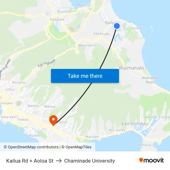 Kailua Rd + Aoloa St to Chaminade University map
