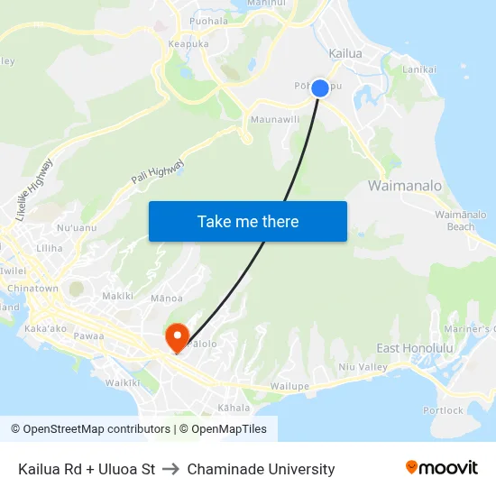 Kailua Rd + Uluoa St to Chaminade University map