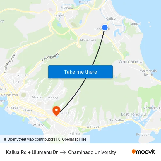 Kailua Rd + Ulumanu Dr to Chaminade University map