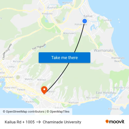 Kailua Rd + 1005 to Chaminade University map
