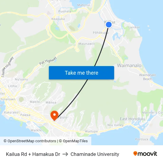 Kailua Rd + Hamakua Dr to Chaminade University map