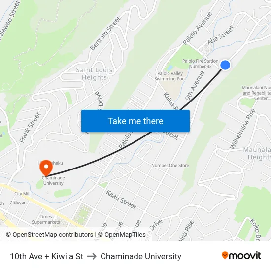 10th Ave + Kiwila St to Chaminade University map