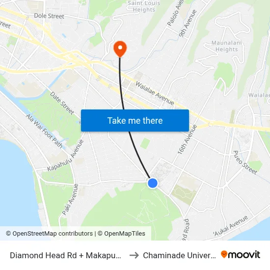 Diamond Head Rd + Makapuu Ave to Chaminade University map