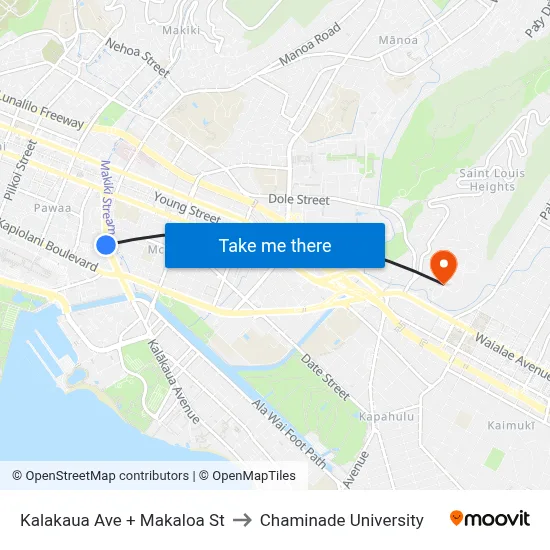 Kalakaua Ave + Makaloa St to Chaminade University map