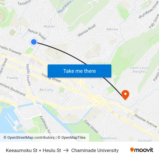 Keeaumoku St + Heulu St to Chaminade University map