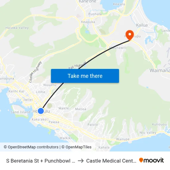 S Beretania St + Punchbowl St to Castle Medical Center map