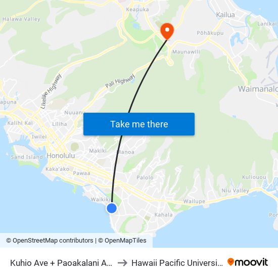 Kuhio Ave + Paoakalani Ave to Hawaii Pacific University map