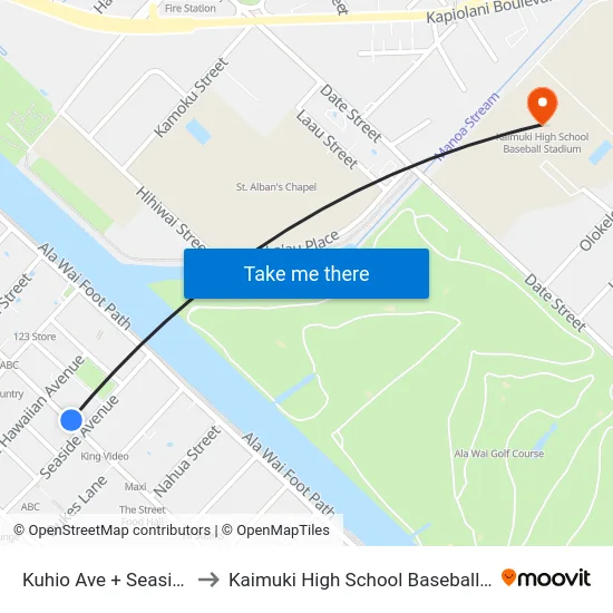 Kuhio Ave + Seaside Ave to Kaimuki High School Baseball Stadium map