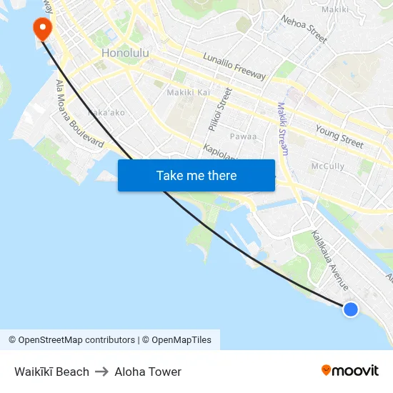 Waikīkī Beach to Aloha Tower map