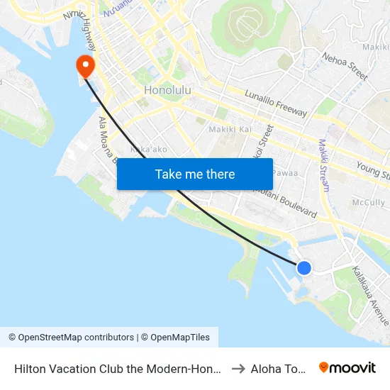 Hilton Vacation Club the Modern-Honolulu to Aloha Tower map