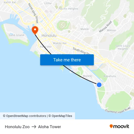 Honolulu Zoo to Aloha Tower map
