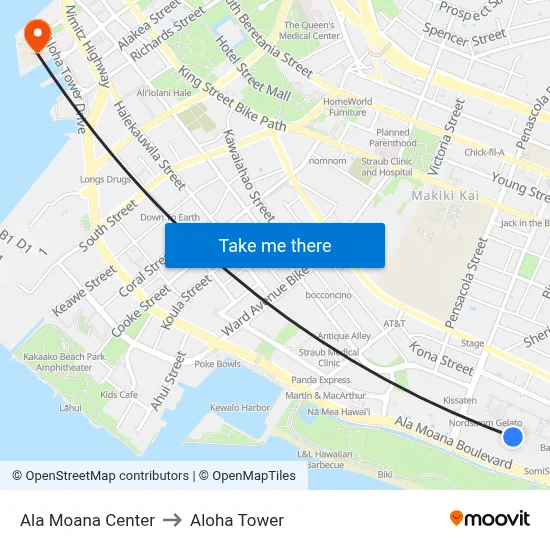 Ala Moana Center to Aloha Tower map