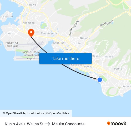 Kuhio Ave + Walina St to Mauka Concourse map