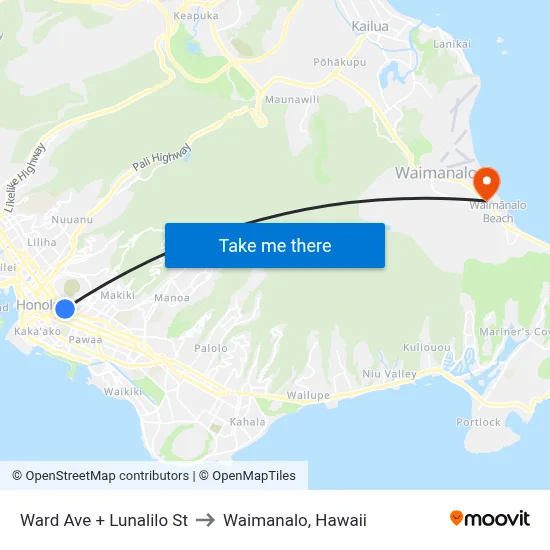 Ward Ave + Lunalilo St to Waimanalo, Hawaii map