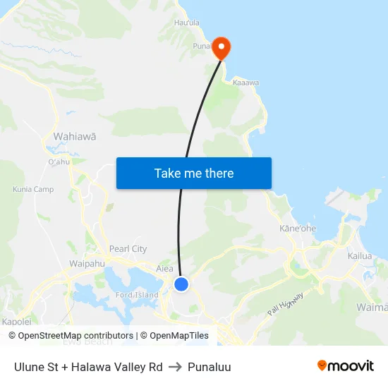Ulune St + Halawa Valley Rd to Punaluu map