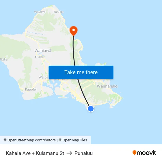Kahala Ave + Kulamanu St to Punaluu map