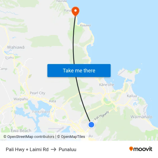 Pali Hwy + Laimi Rd to Punaluu map