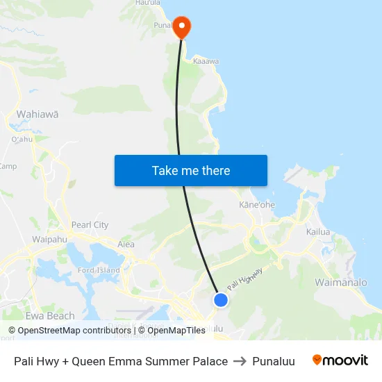 Pali Hwy + Queen Emma Summer Palace to Punaluu map